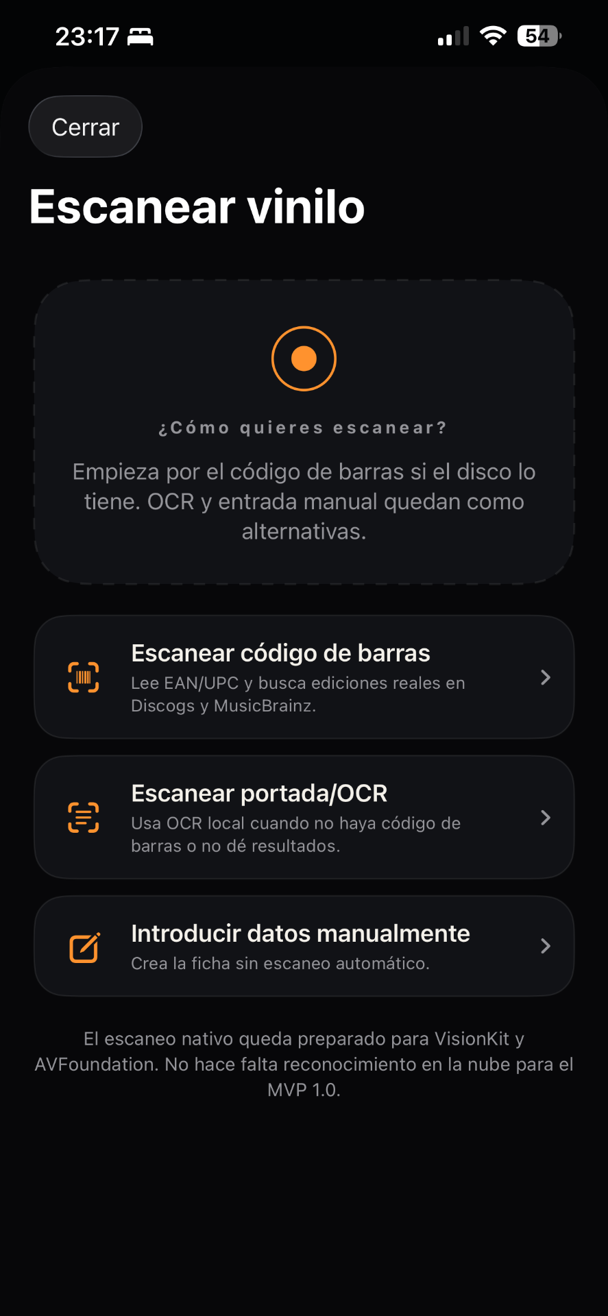 Vault 33⅓ scan screen with barcode, OCR and manual entry options