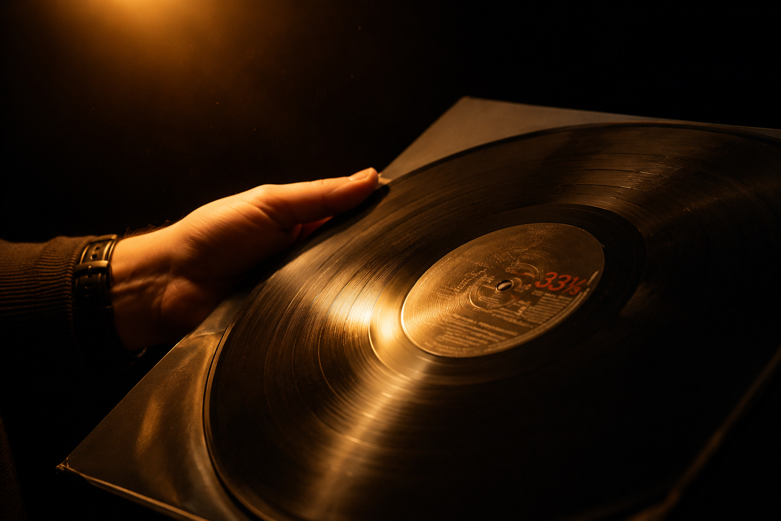 Collector holding a vinyl record under warm light
